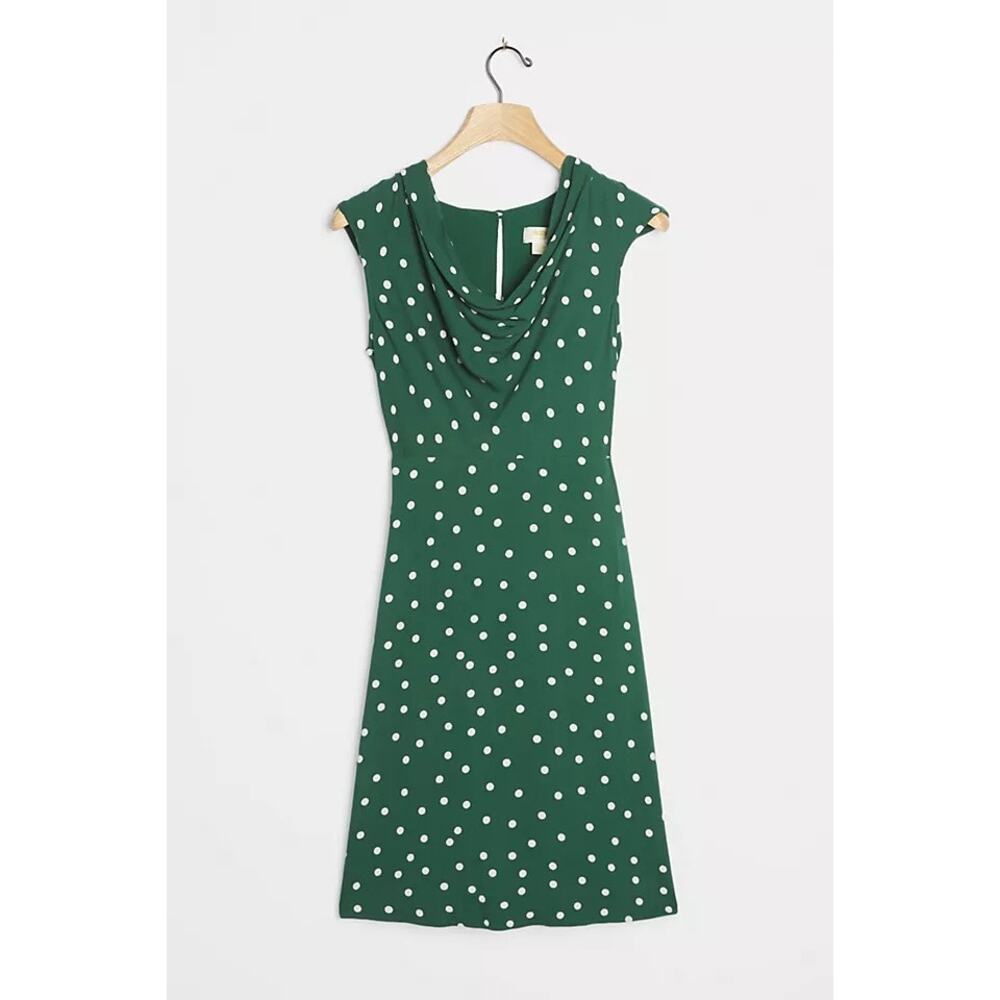 Anthropologie Maeve Betty Polka Dot Cowl Neck Sleeveless Dress Siz 2 Green Cream - Picture 2 of 9